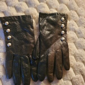 Black Leather Gloves with Pearl Buttons